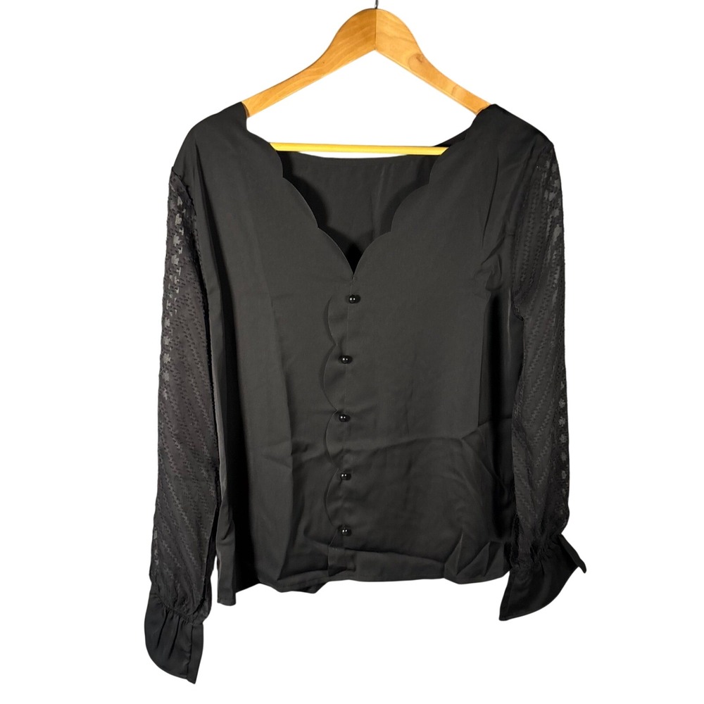 CUPSHE Black Scallop Neck‎ Lace Sleeve Button Front Blouse Women's Size M NWT